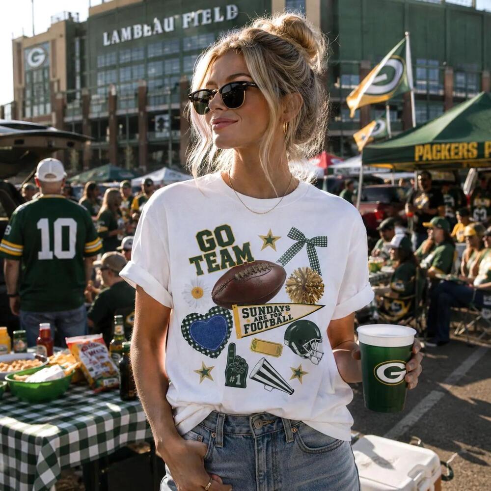 Green Gold Football Sunday Funday Game Day Tailgate Retro Collage Fan Tee